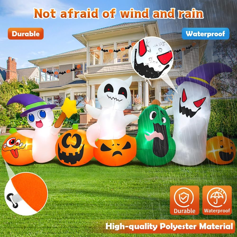 8 FT Inflatable Halloween Ghost with Pumpkins & LED Lights