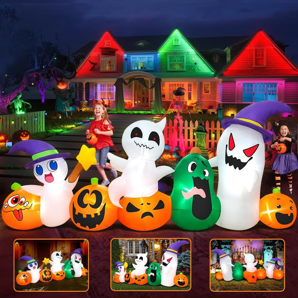 8 FT Inflatable Halloween Ghost with Pumpkins & LED Lights