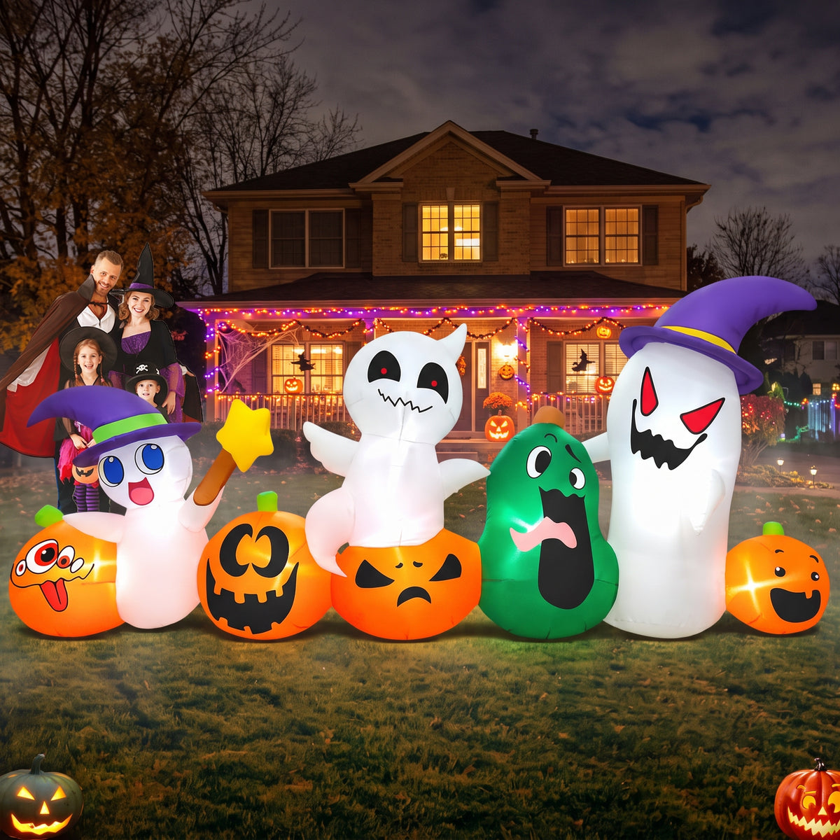 8 FT Inflatable Halloween Ghost with Pumpkins & LED Lights