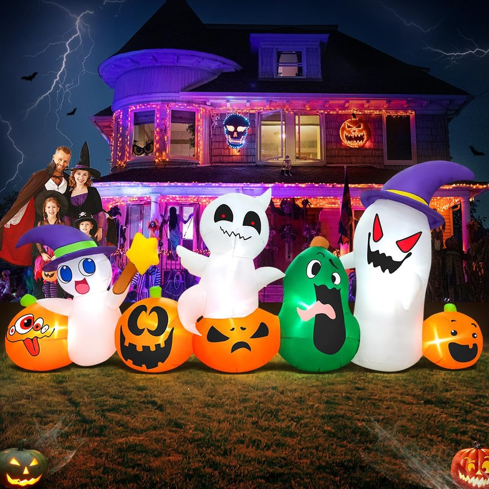 8 FT Inflatable Halloween Ghost with Pumpkins & LED Lights