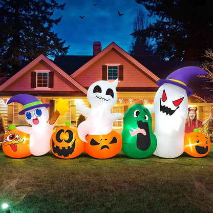 8 FT Inflatable Halloween Ghost with Pumpkins & LED Lights