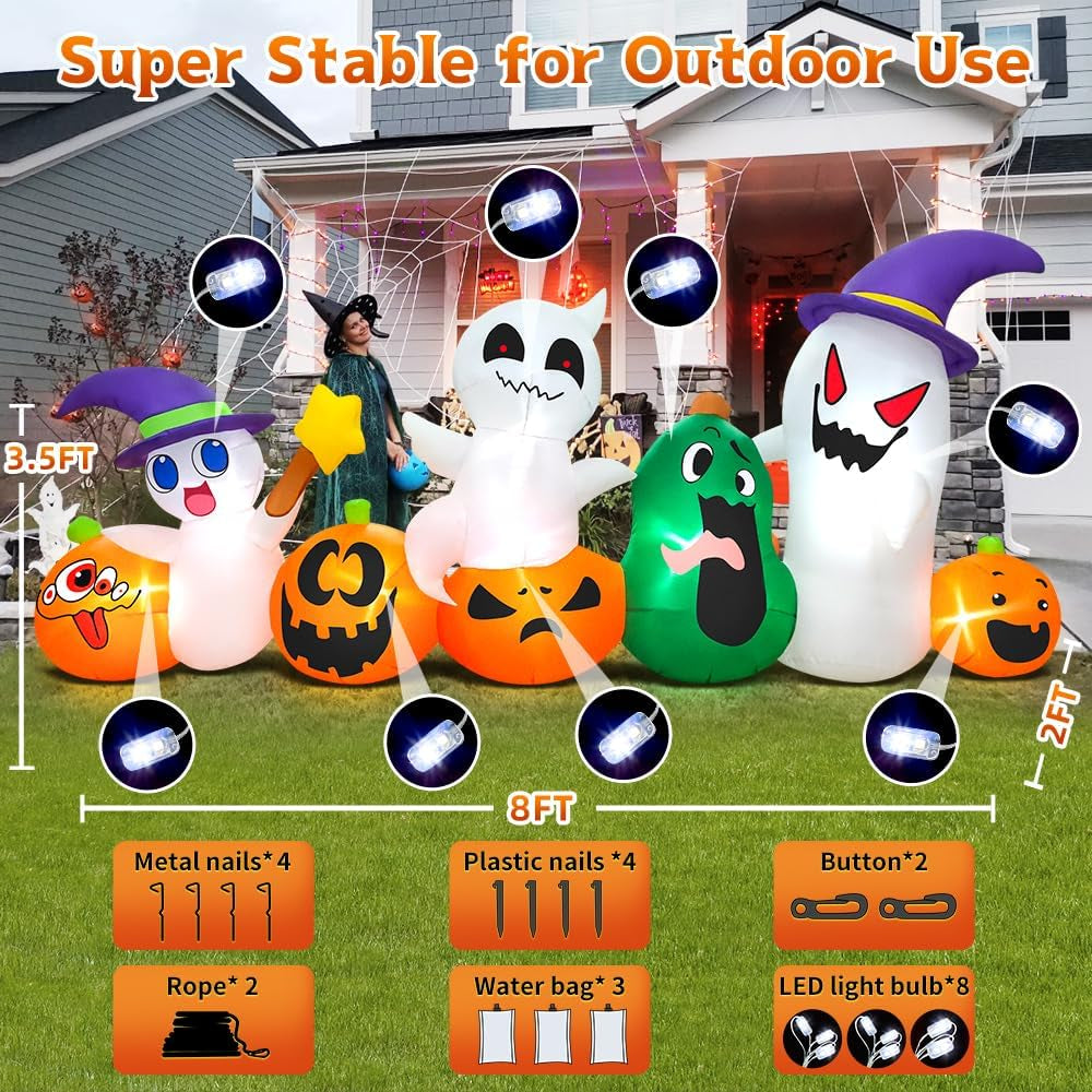 8 FT Inflatable Halloween Ghost with Pumpkins & LED Lights