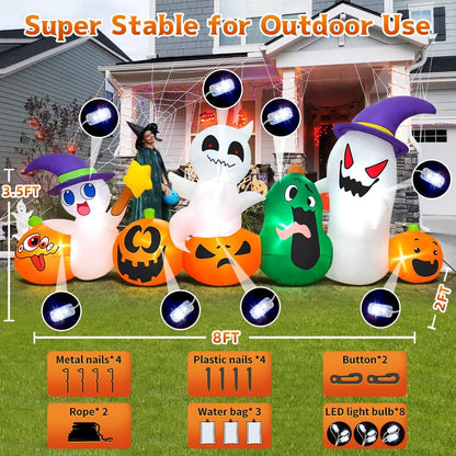 8 FT Inflatable Halloween Ghost with Pumpkins & LED Lights